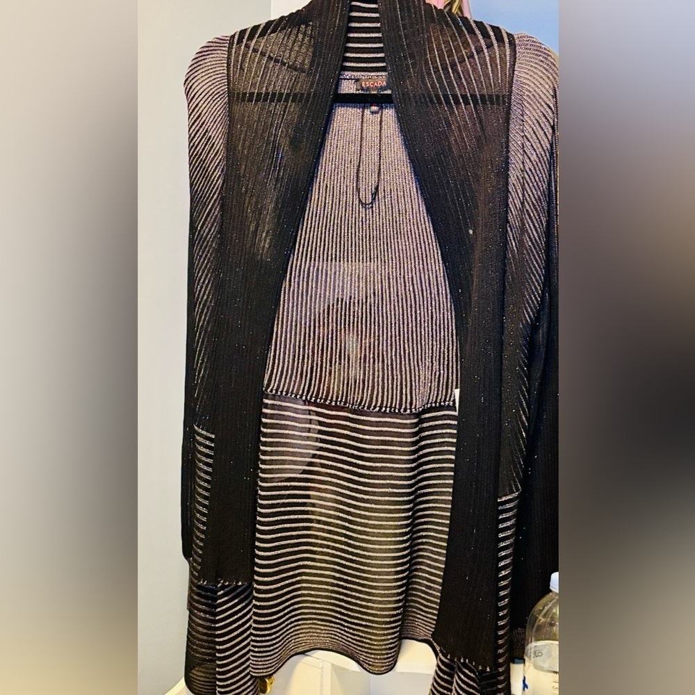 Escada Black & Silver Sheer shimmer open front Cardigan like new, FR 40/large - Picture 1 of 11